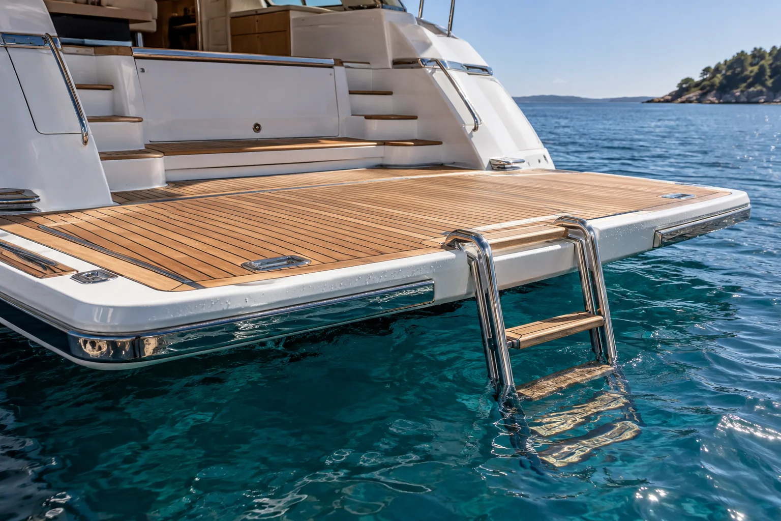 Teak swim platform with a stainless bathing ladder down into the water